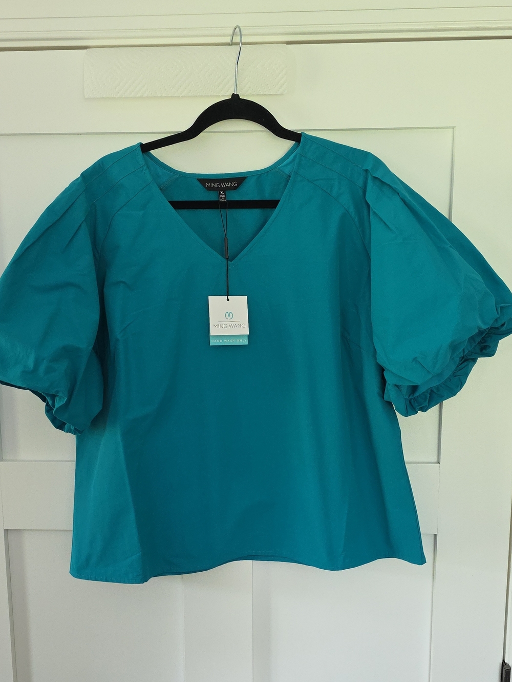 Ming Wang Teal V-Neck Puff-Sleeve Blouse XL
